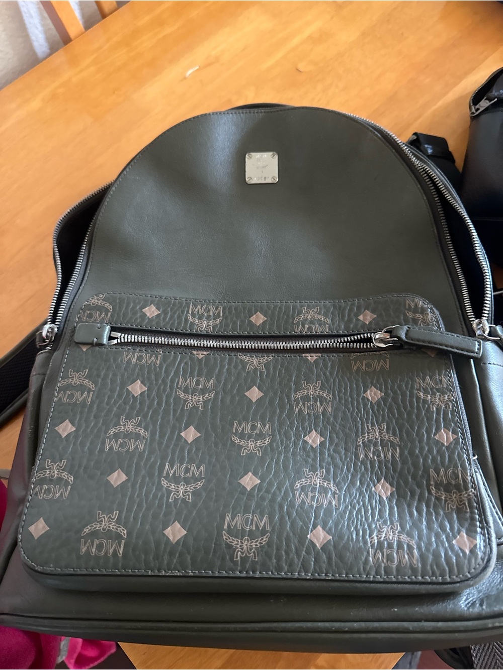 MCM Men's Green Logo Backpack with Silver Hardware